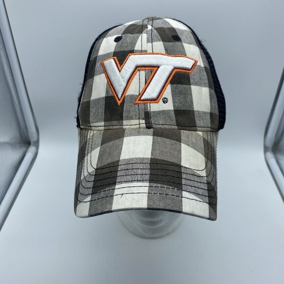 Virginia Tech Hokies Tan Plaid Cap Trucker Hat Hook & Loop NCAA Mesh - Picture 2 of 16